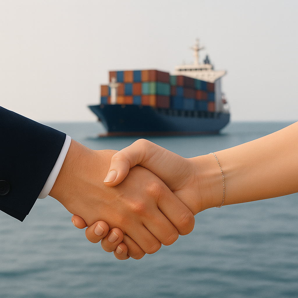 Aperto de mãos com navio cargueiro ao fundo